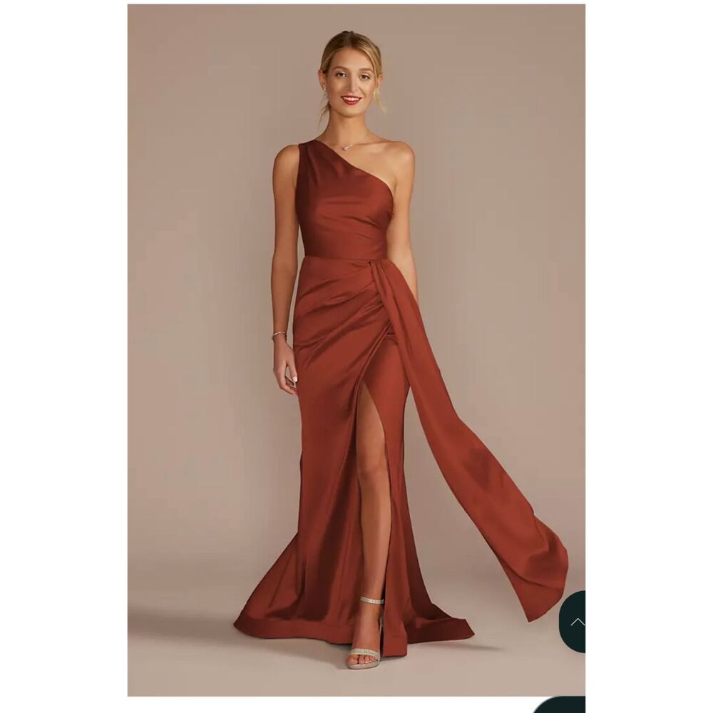 Size 6 NWT Galina Signature David's Cinnamon One Shoulder Satin Stretch Dress